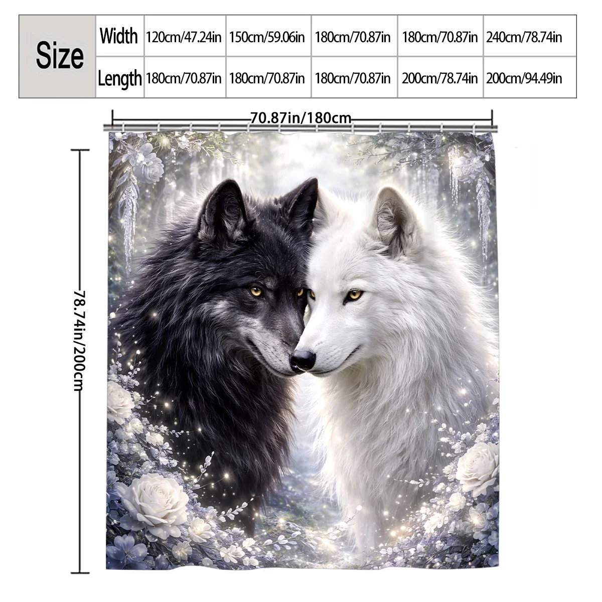 1pc Black and White Wolves with Floral Shower Curtain, Bathroom Decor, Multi-Size Options (120x180cm, 150x180cm, 180x180cm, 180x