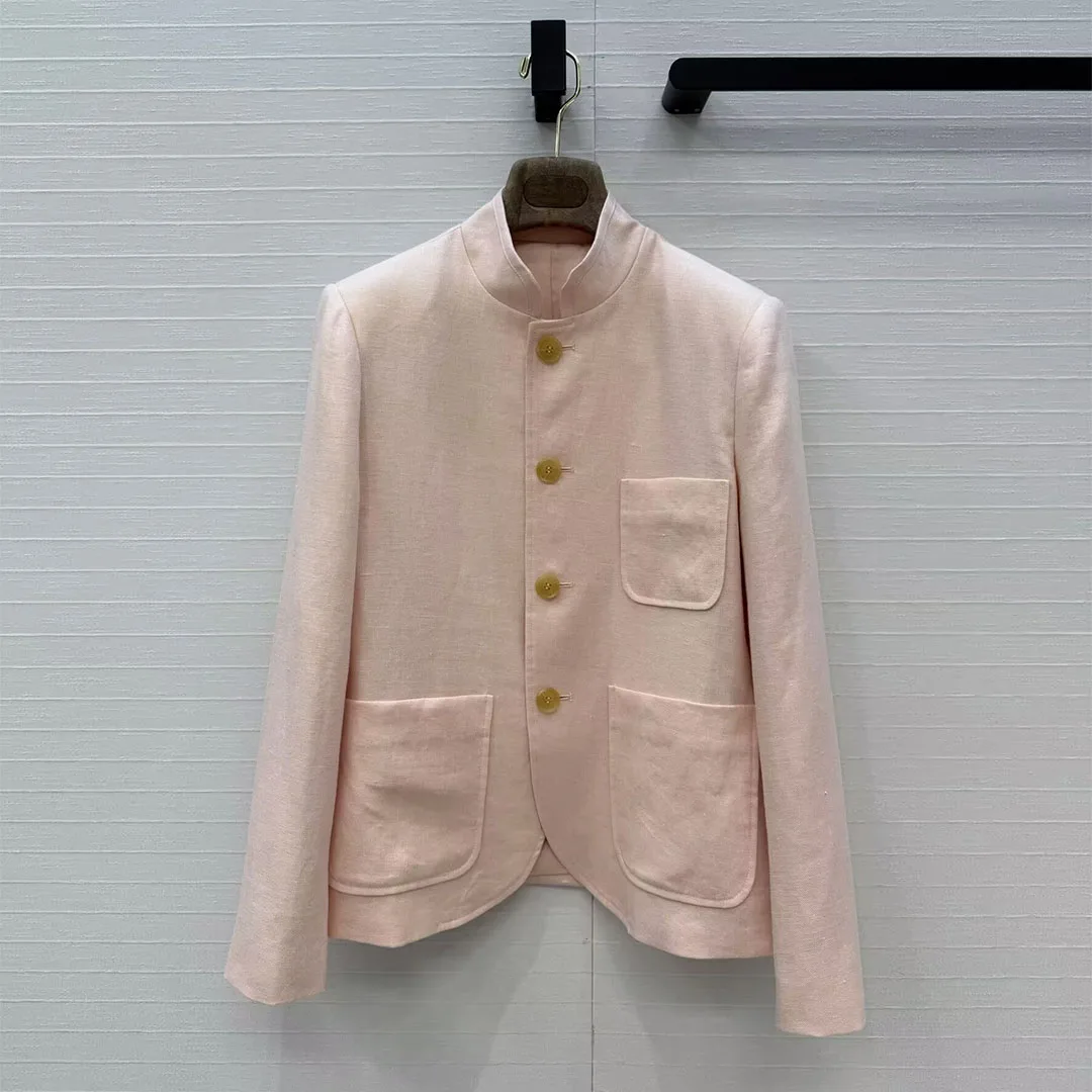 

Old Money Style New Spring 100% Linen Pink Blazer Suit Women Stand Collar Long Sleeve Single Breasted Pockets Casual Jacket