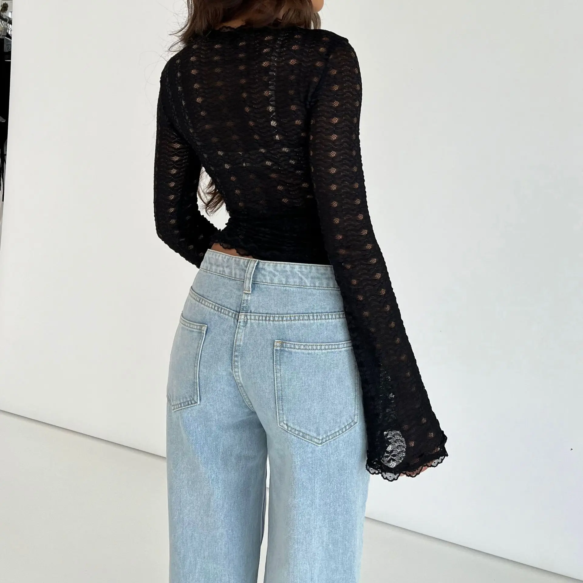 2026 New Autumn Women's Sexy Spice Girls Versatile Micro Transparent Lace Strap Waist Top