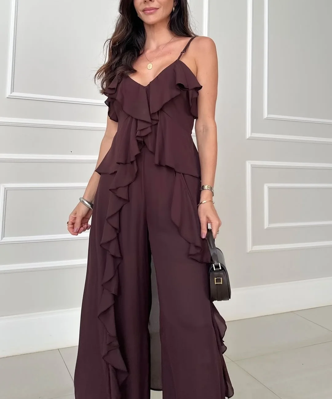 

Woman Elegant Ruffles 2 Piece Sets Summer High Waist Wide Leg Pants V-neck Sling Top Ruffled Long Tail Lady High Street Outfit