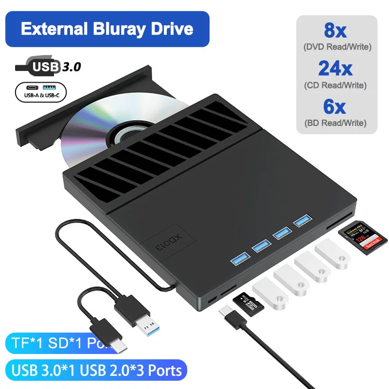 

7 in 1 External Blu-ray Drive USB 3.0 Type-C CD/DVD/BD -/+RW Player Burner with SD/TF Port Optical Disk Drive for Laptop PC