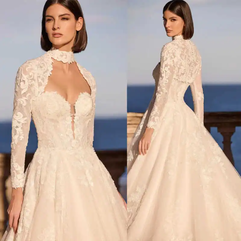 Luxury Retro Bridal Jacket Stand Collar Hollow Out Chantilly Lace Embroidery Flounce Cuff Beading Wedding Beach Ceremony