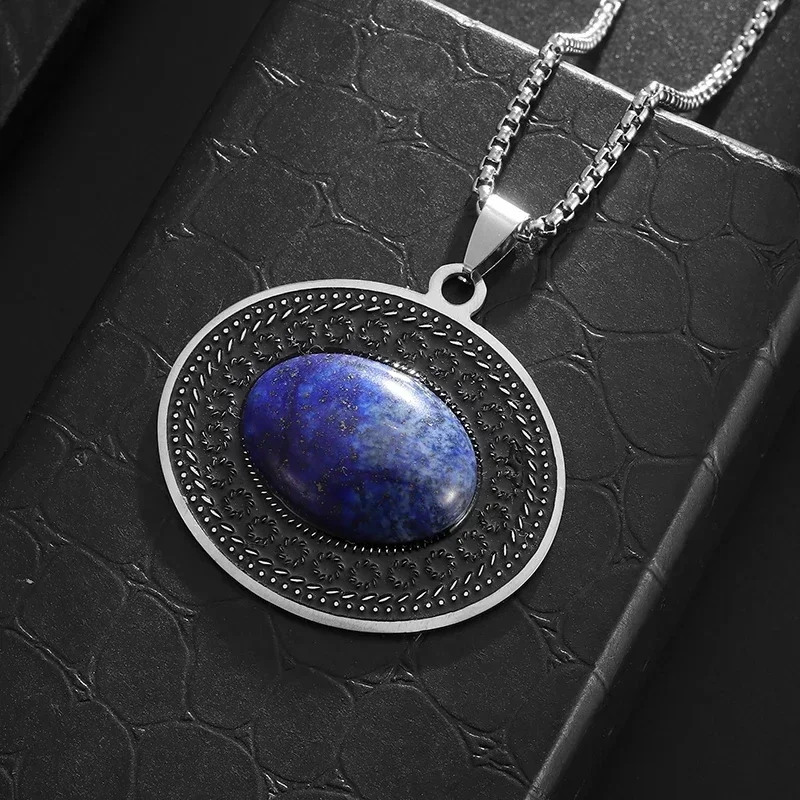 Retro Ethnic Style Oval Blue Gemstone Stainless Steel Pendant Necklace Women\\\'s Fashion Charm Hip-Hop Casual Jewelry
