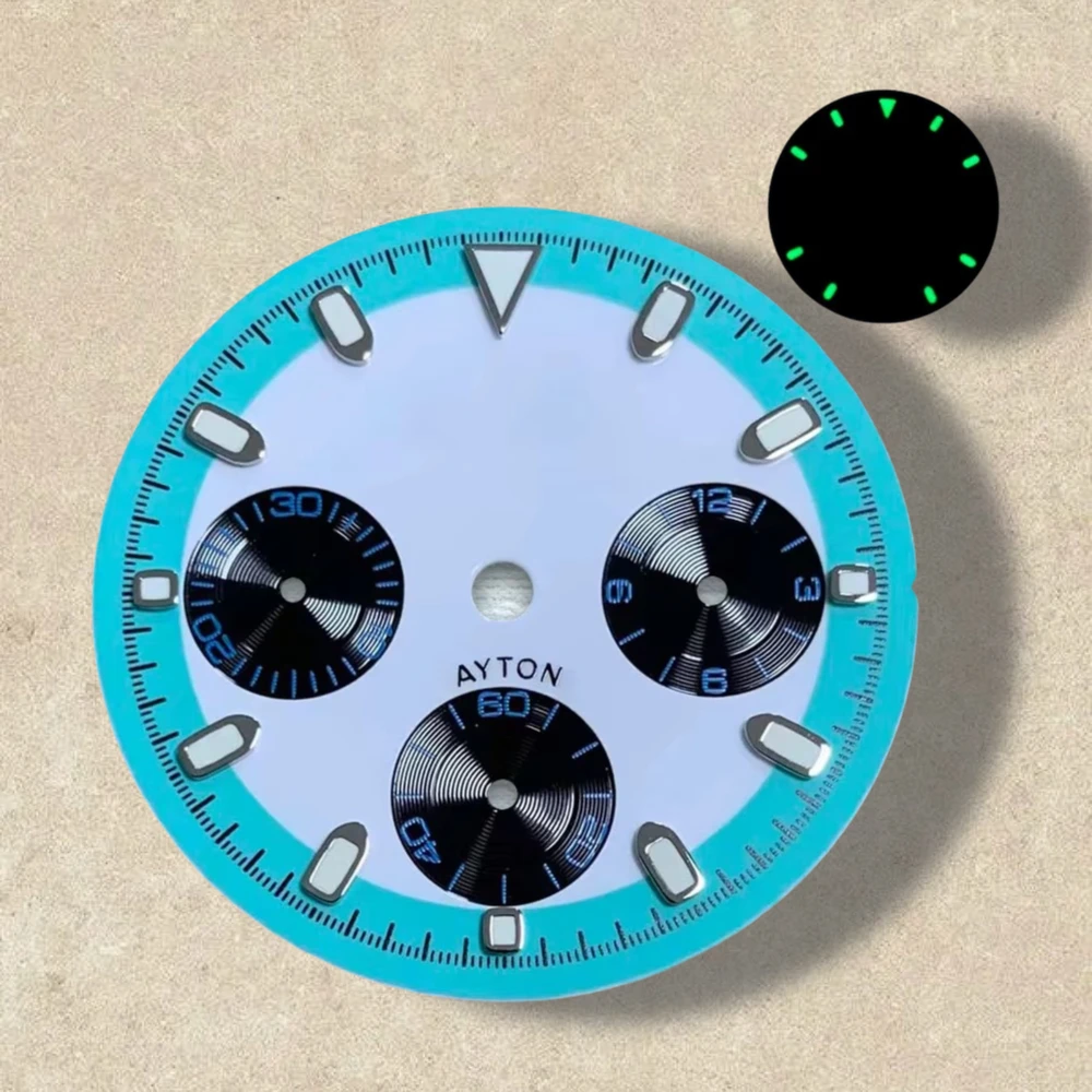 29.5mm S Logo panda colorato DTN quadrante a tre occhi adatto al movimento VK63 verde luminoso quadrante di alta qualità accessori per la modifica dell'orologio