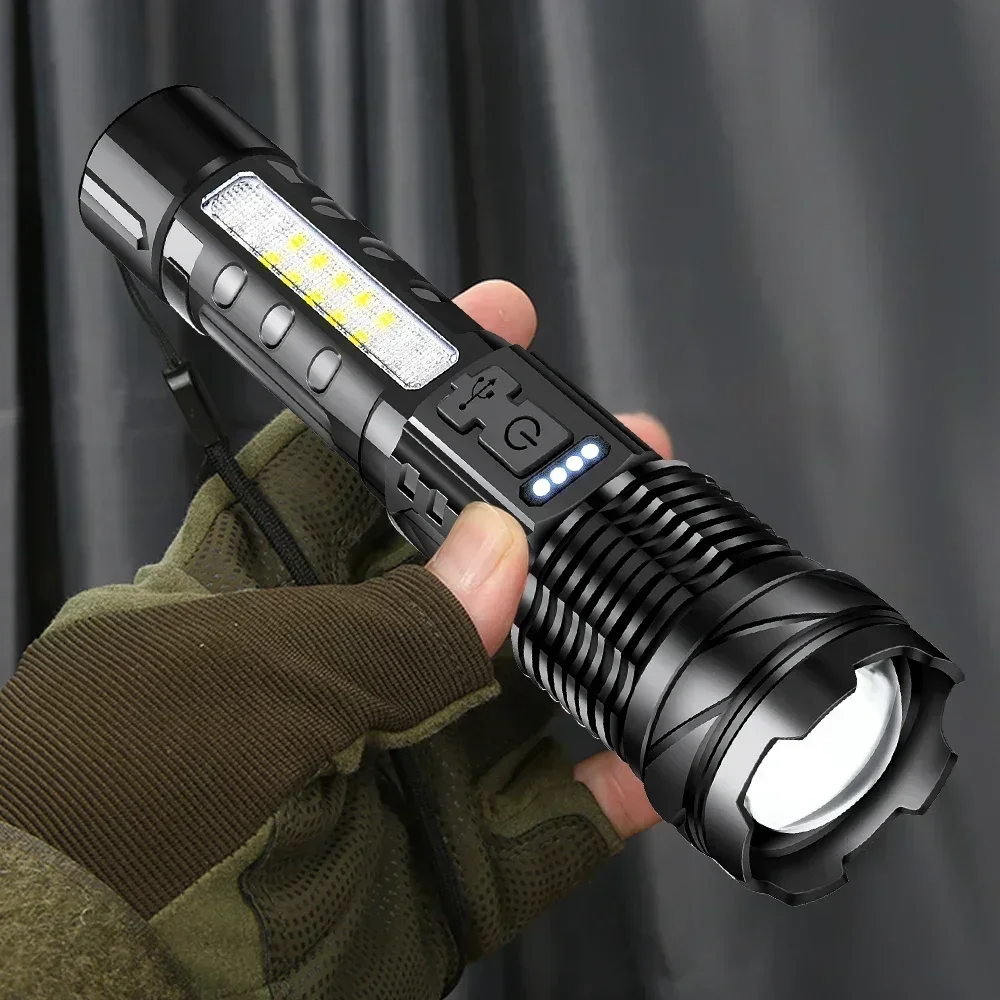 High Strong Power 24w Led Flashlights 50000000 Tactical Light Emergency Spotlights Telescopic With 18650 Built-in Battery