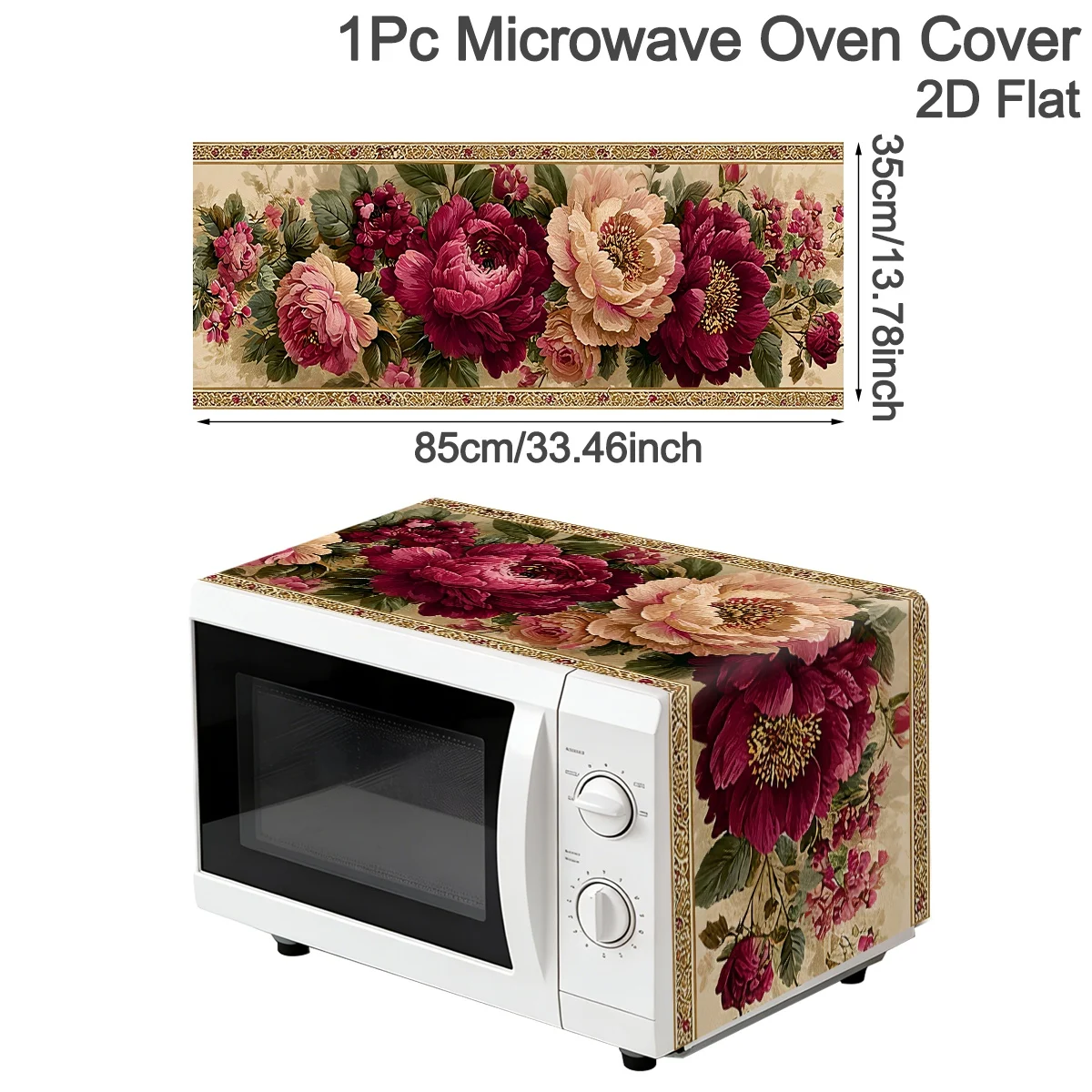 1pc Retro Peony Oven Dust Cover Classical Flower Design Polyester Microwave Dust Cover for Household Kitchen Machine Protector