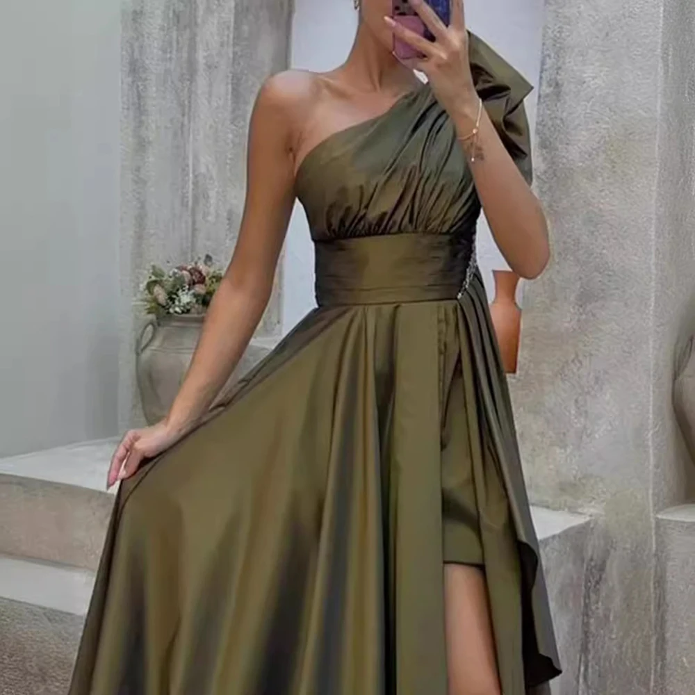 

Elegant One Shoulder Satin Women Evening Dress Tiered Ruffle Floor Length Formal Dress For Prom Wedding Party Gown Maxi Dresses
