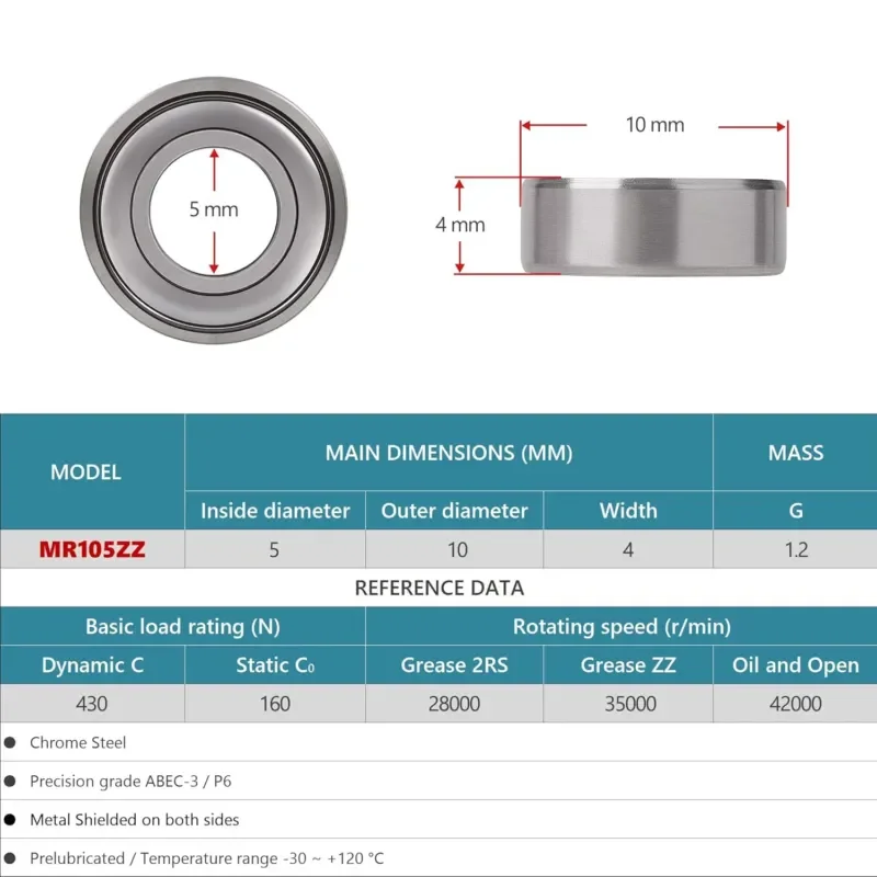 10 Pcs MR105ZZ Deep Groove Ball Bearings Bore 5mm Miniature Metal Shield for 3D Printer Parts