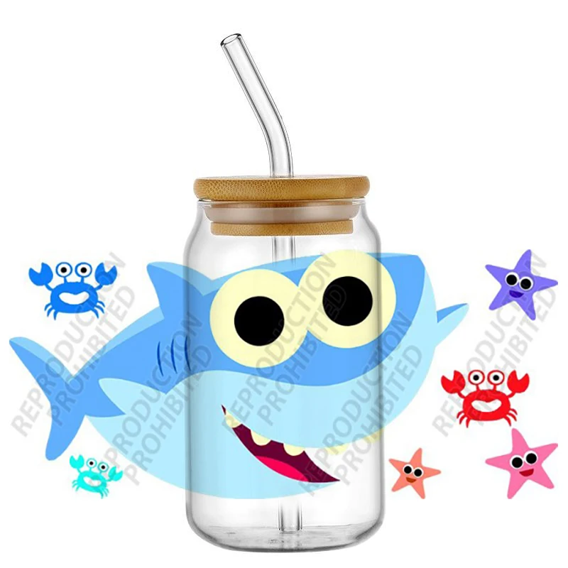 Waterproof Scratch Resistant UV DTF Cup Sticker Cartoon Shark Pattern No Heat Transfer for 16oz Libbey Glass Can Decor