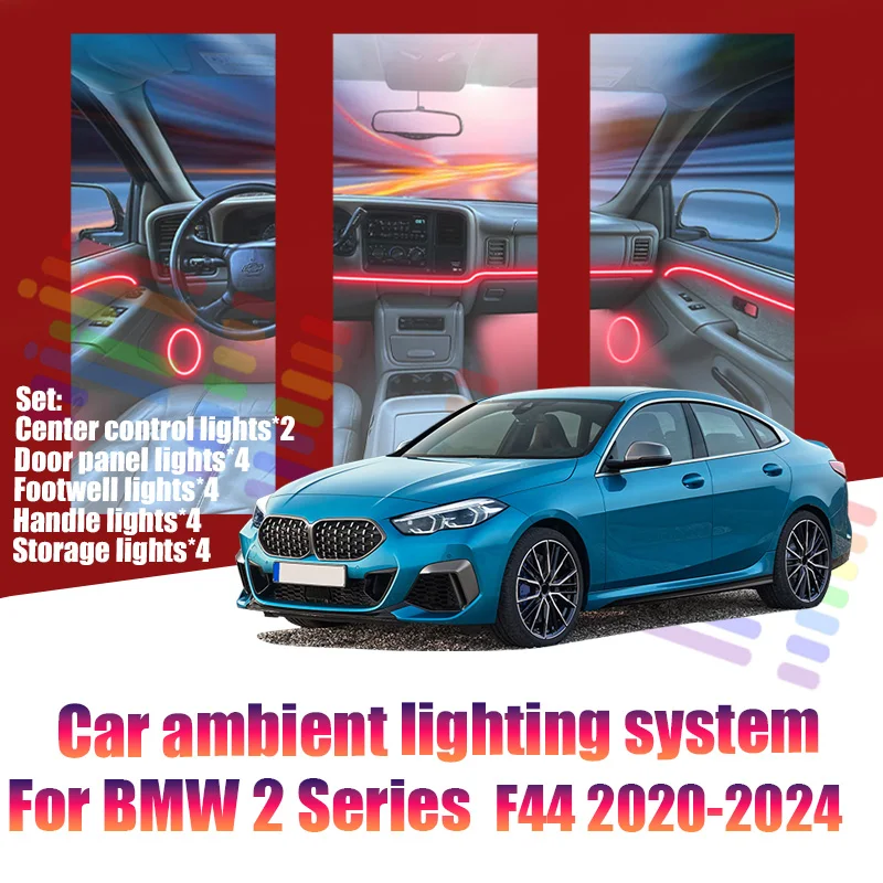 

Для BMW 2 серии F44 2020-2024: Светодиодные лампы для создания атмосферы в салоне, цветная неоновая подсветка, 64 RGB-цвета