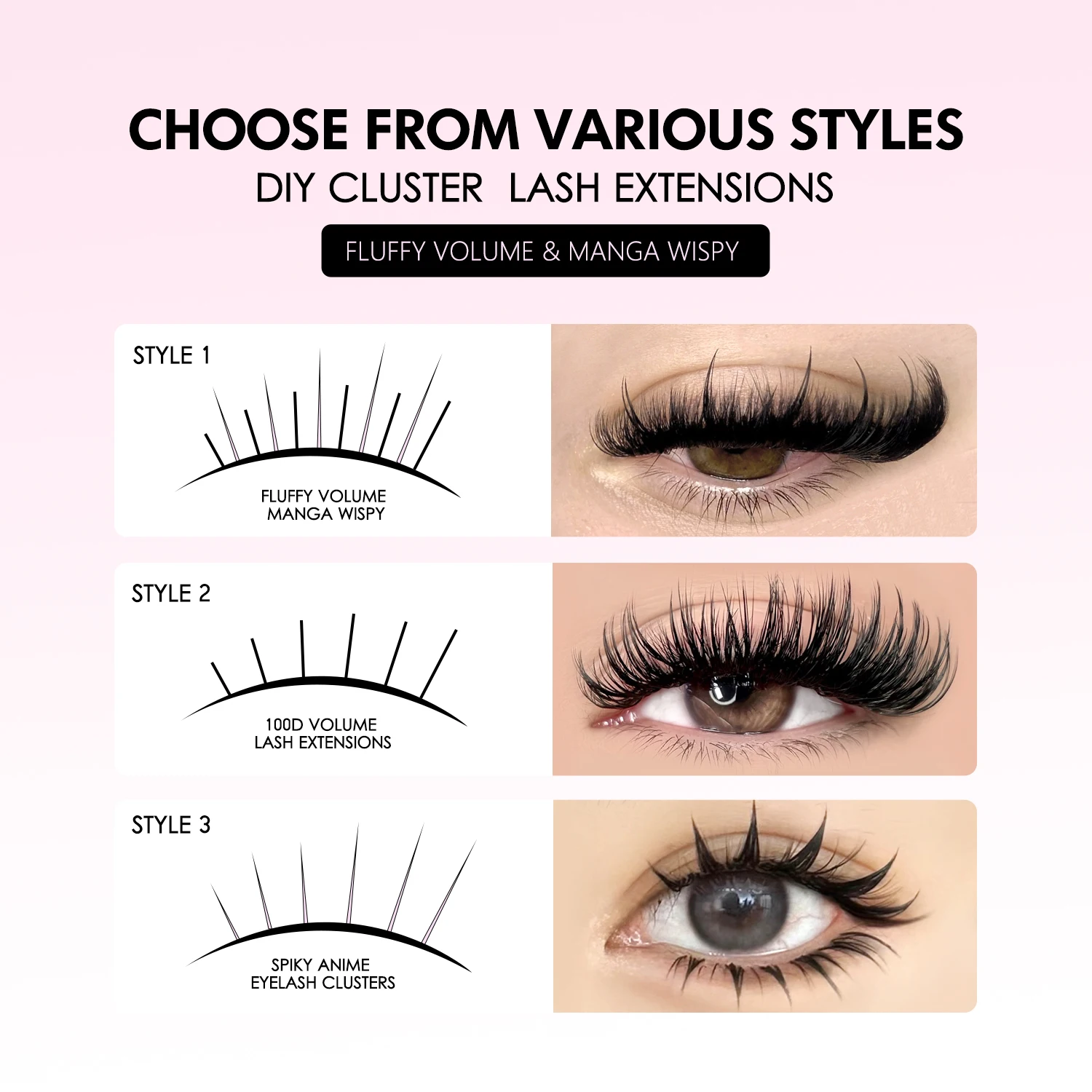 MOONKALI مجموعات الرموش لتقوم بها بنفسك رمش تمديد المسامير الفردية جلدة مانغا الرموش حجم شائكة لاش مجموعات #3
