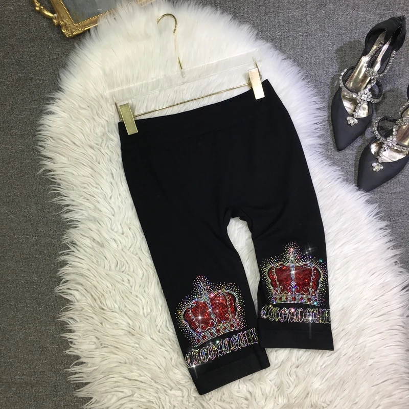 

Luxury Crown Hot Drilling Women Knee-length Pants Black Skinny Summer Cycling Shorts Stretch Pure Cotton Yoga Fitness Leggings