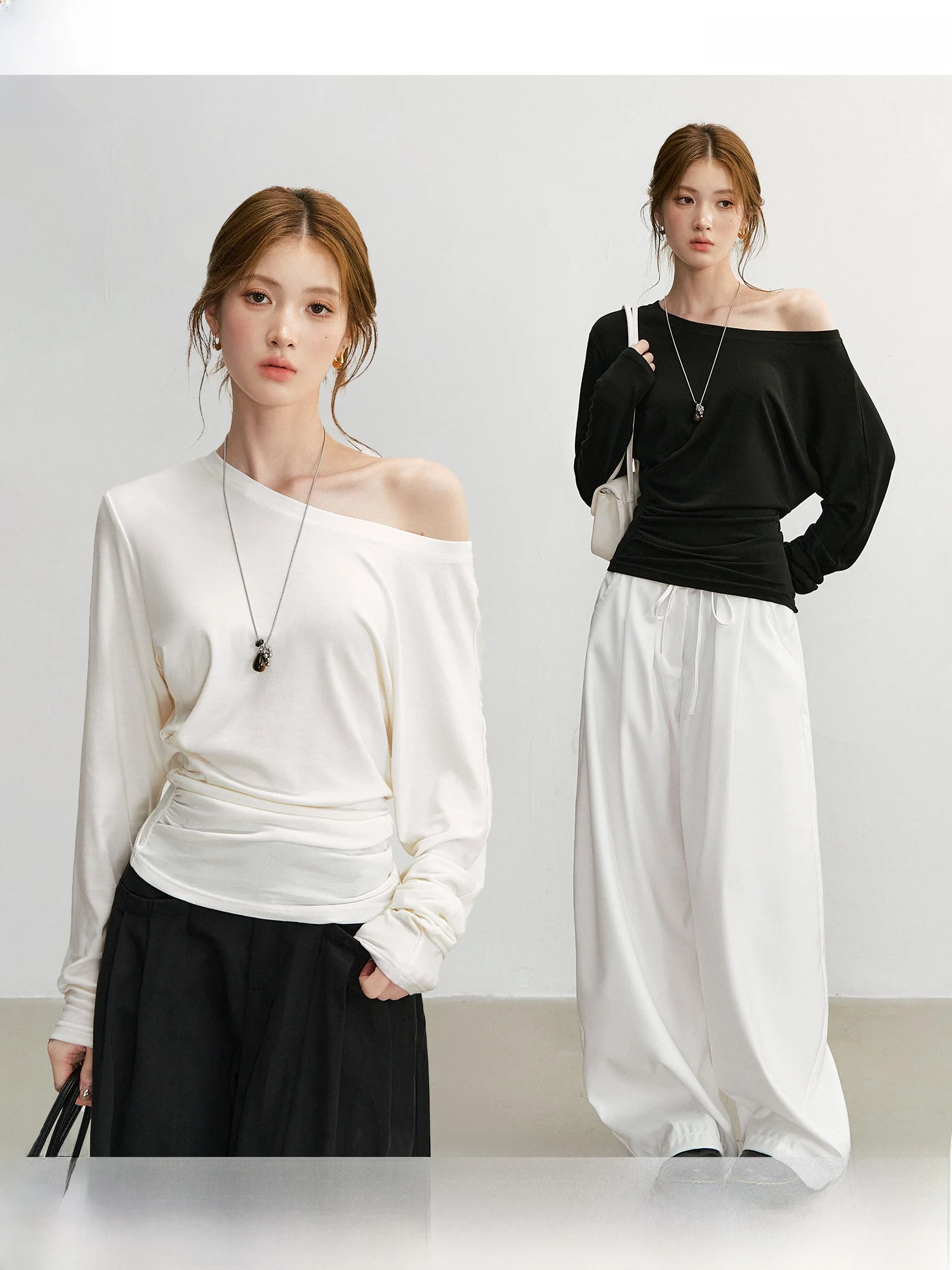 QDQD Casual Style Long Sleeve T-Shirt Wool Blend Slimming Waist Design Shoulder Bared Neckline Polyester Fabric Ladies Top