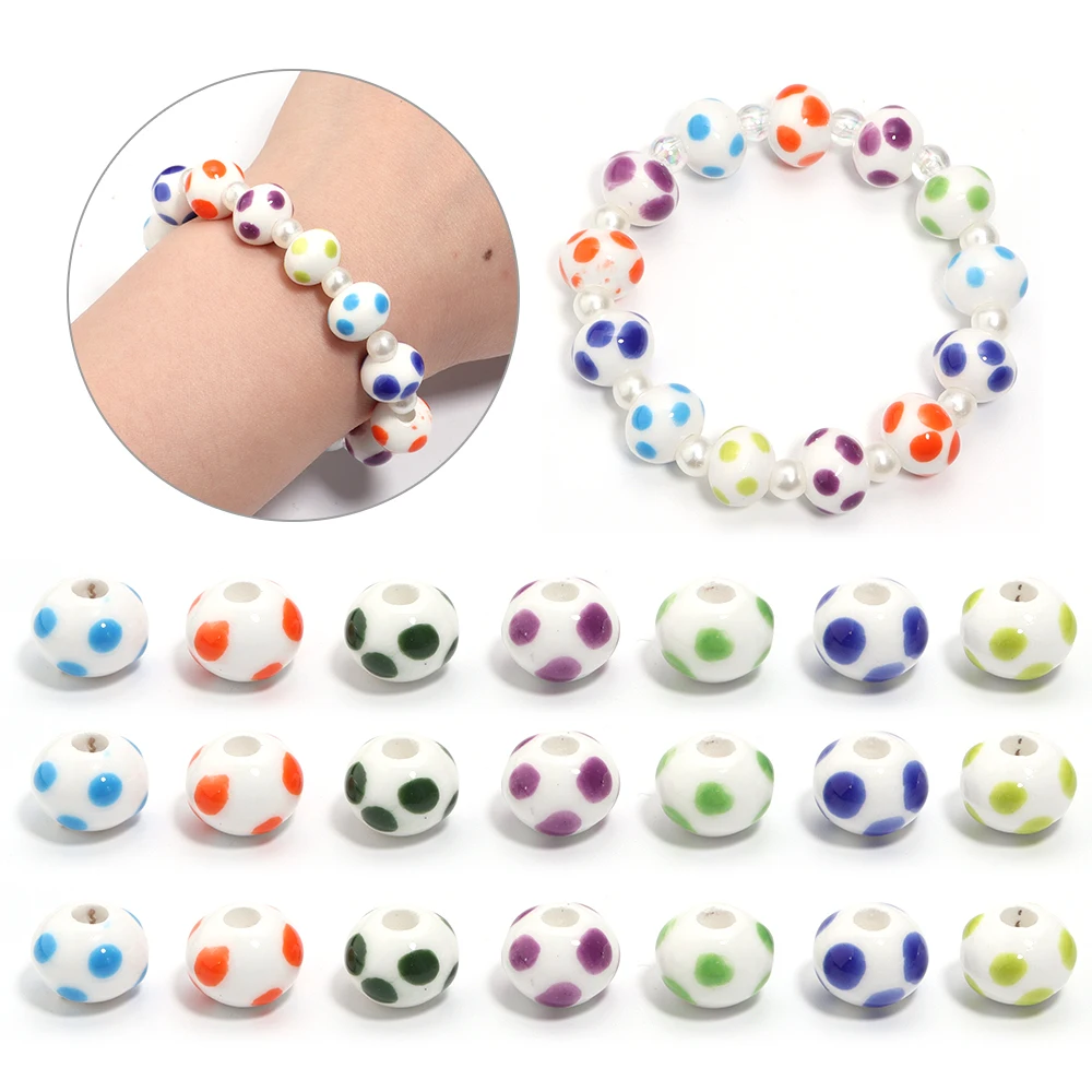 5Pcs 12.5x10mm Printed Polka Dot Ceramic Round Beads Colored Straight Holes Loose Beads For DIY Charm Bracelet Necklace Jewelry