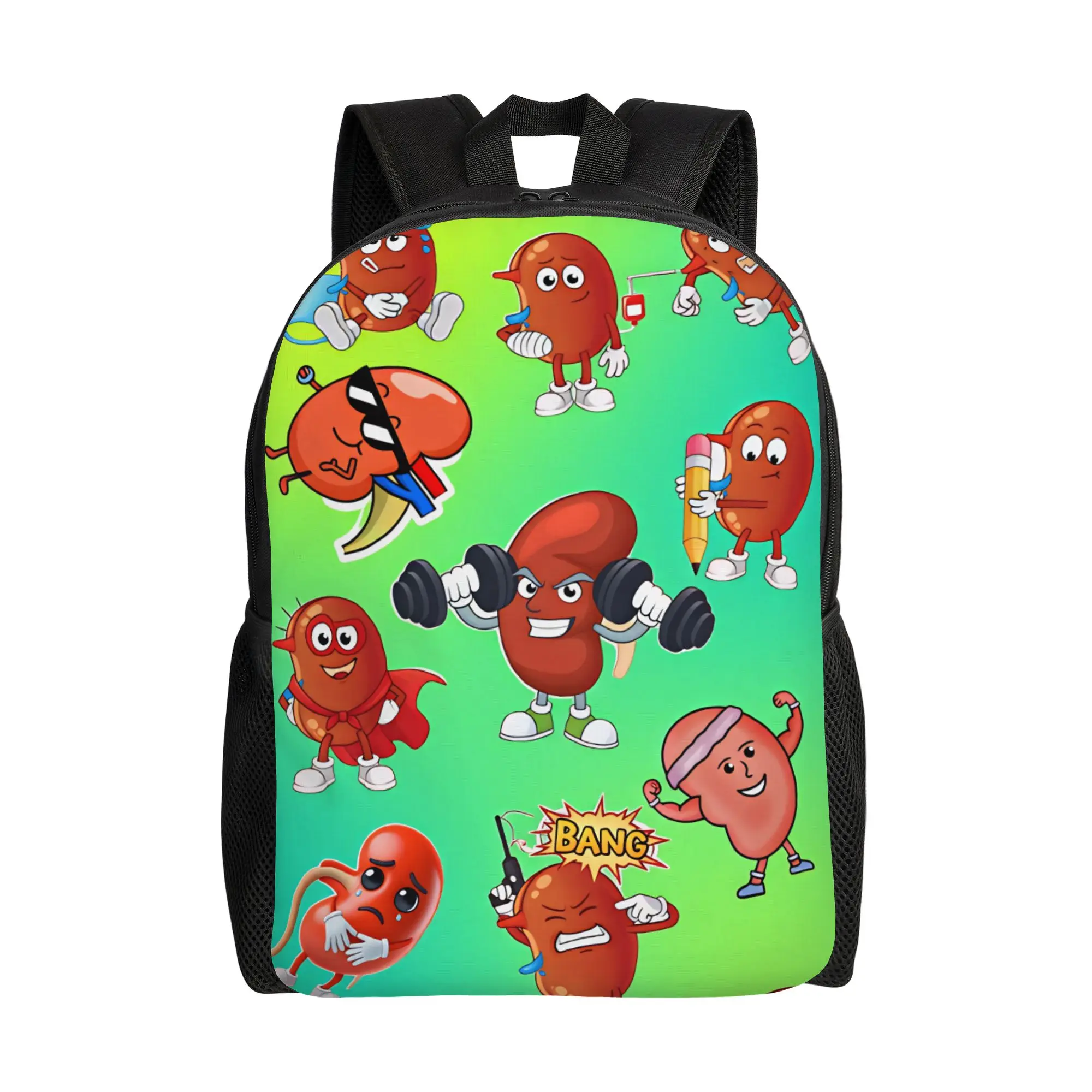 Cartoon Kidney Characters Different Poses Backpack  Workout Backpacks Men High Quality Large School Bags Novelty Rucksack