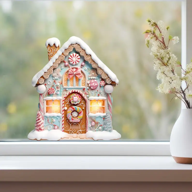 Christmas Village House Wall Sticker - Gingerbread House Decor with Candy Cane and Christmas Cookies