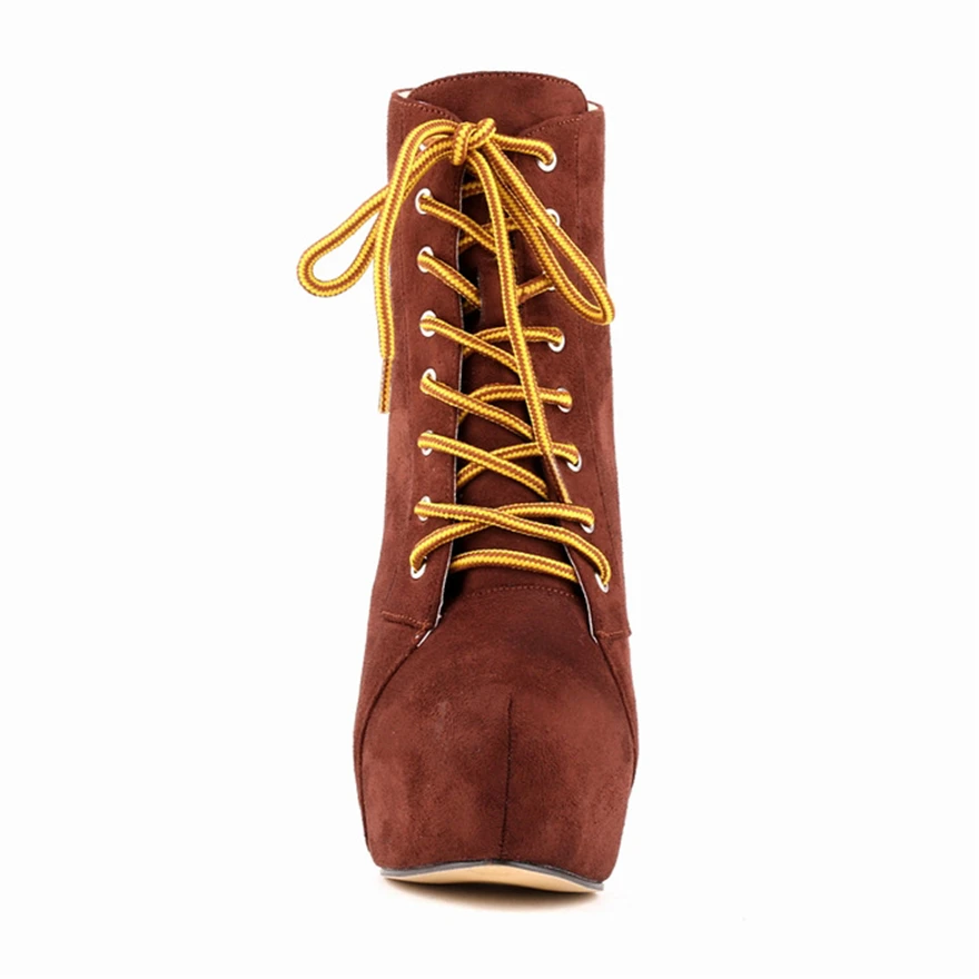 Size 35-43 Western Style Women Lace-Up Casual Motorcycle Boots High Heels Round Toe Red Black Flock Platform Winter Female Shoes