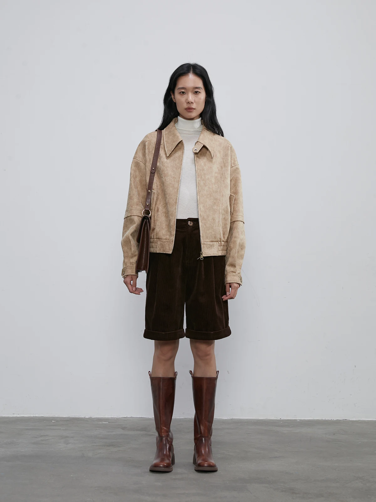 Giacca Moto in Pelle Scamosciata Retrò Neutra da Donna, Nuova Collezione Primavera Autunno 2025, Giacca in Pelle Senza Etichetta per Pendolarismo