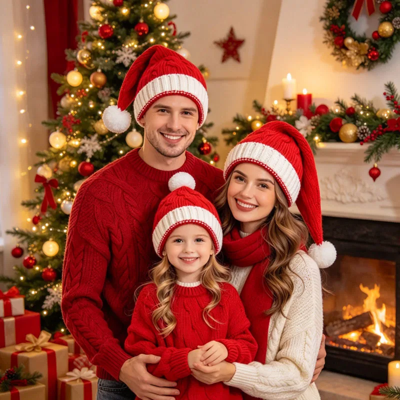 Winter Knitted Christmas Hat Mom Baby Family Matching Classic Warm Cozy Soft Comfortable Adult Kids Unisex Holiday Festive Gift
