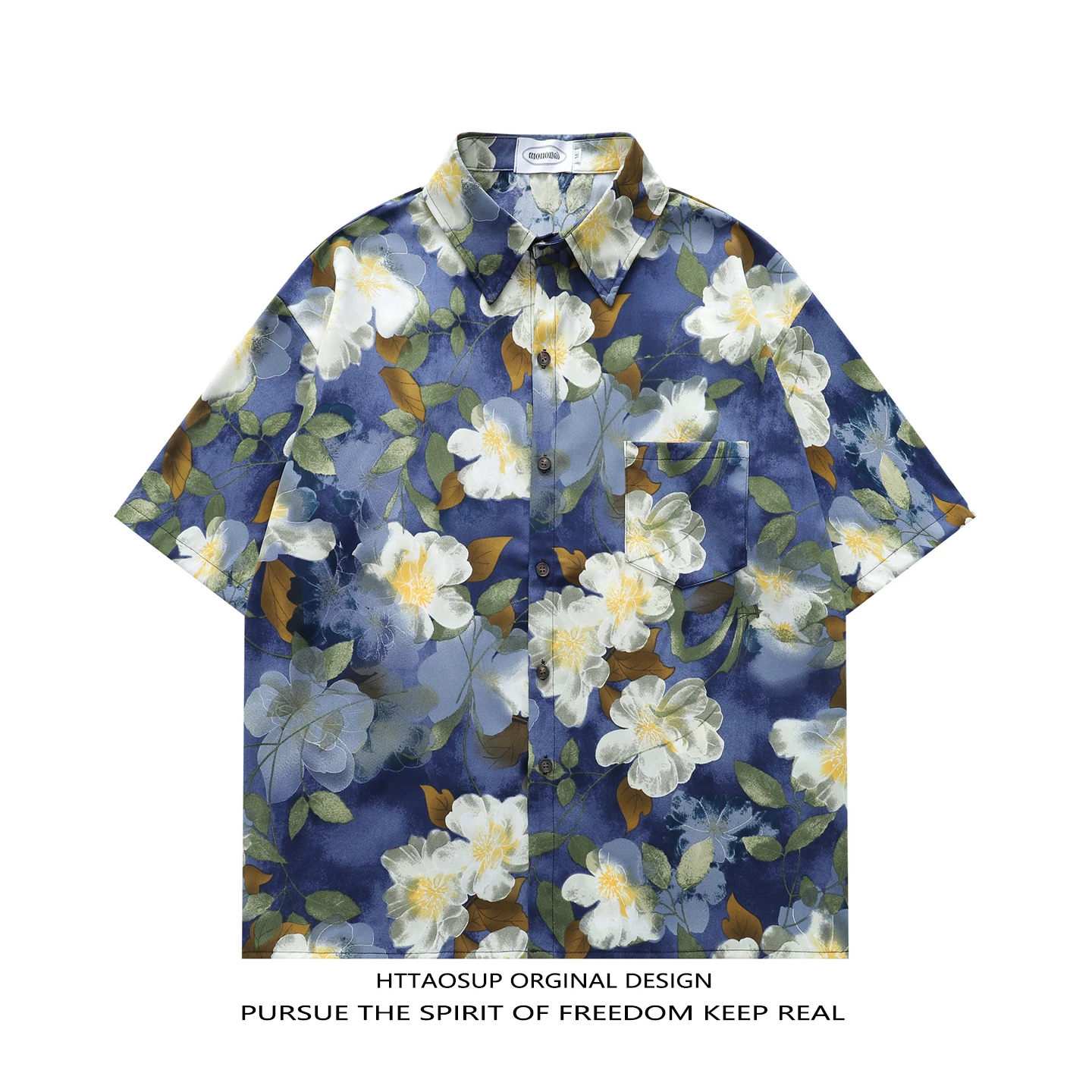 HTTAOSUP Summer Floral Print Short Sleeve Casual Shirt Loose Fit Men's Women's Vintage Couple's Shirt Polyester Fiber
