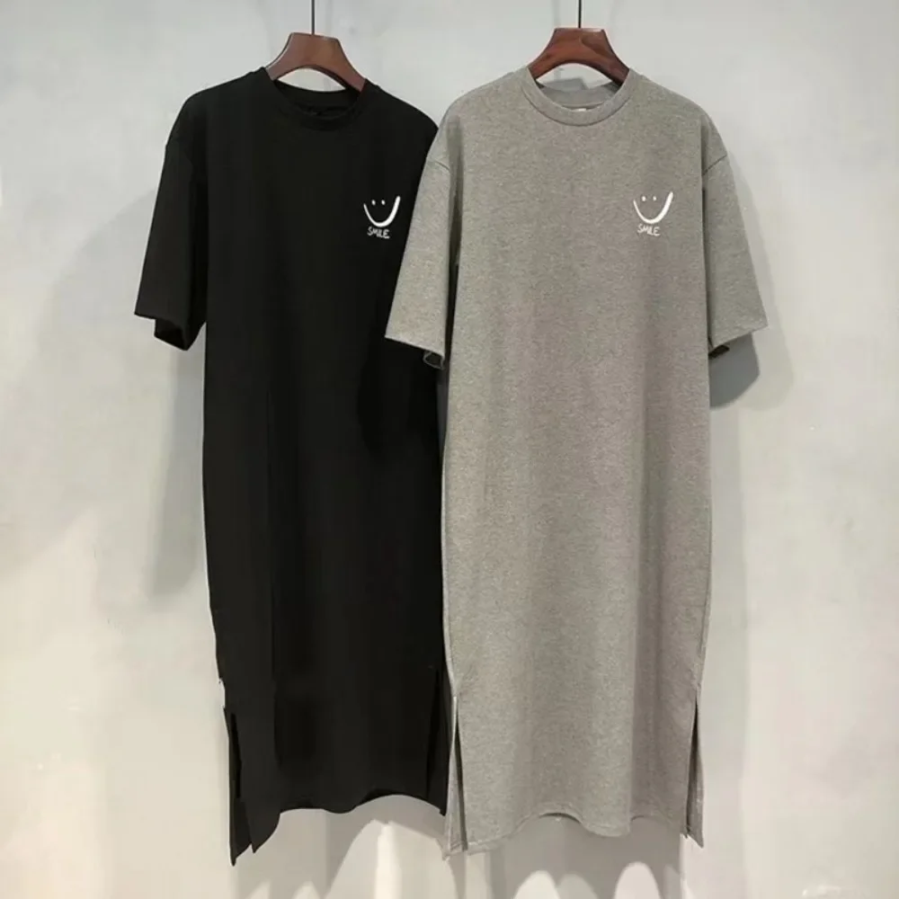 صيف جديد الكورية نمط طباعة عالية الشق منتصف طول فستان الأميرة كم بولو المرأة موضة فضفاضة تي شيرتات قصيرة الاكمام فستان