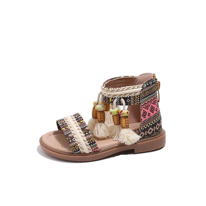 Fringe Sandals for Girls Retro Ethnic Style Summer Shoes Geometric Yarn Dyed Pattern Ancient Tradition Shoe Kids