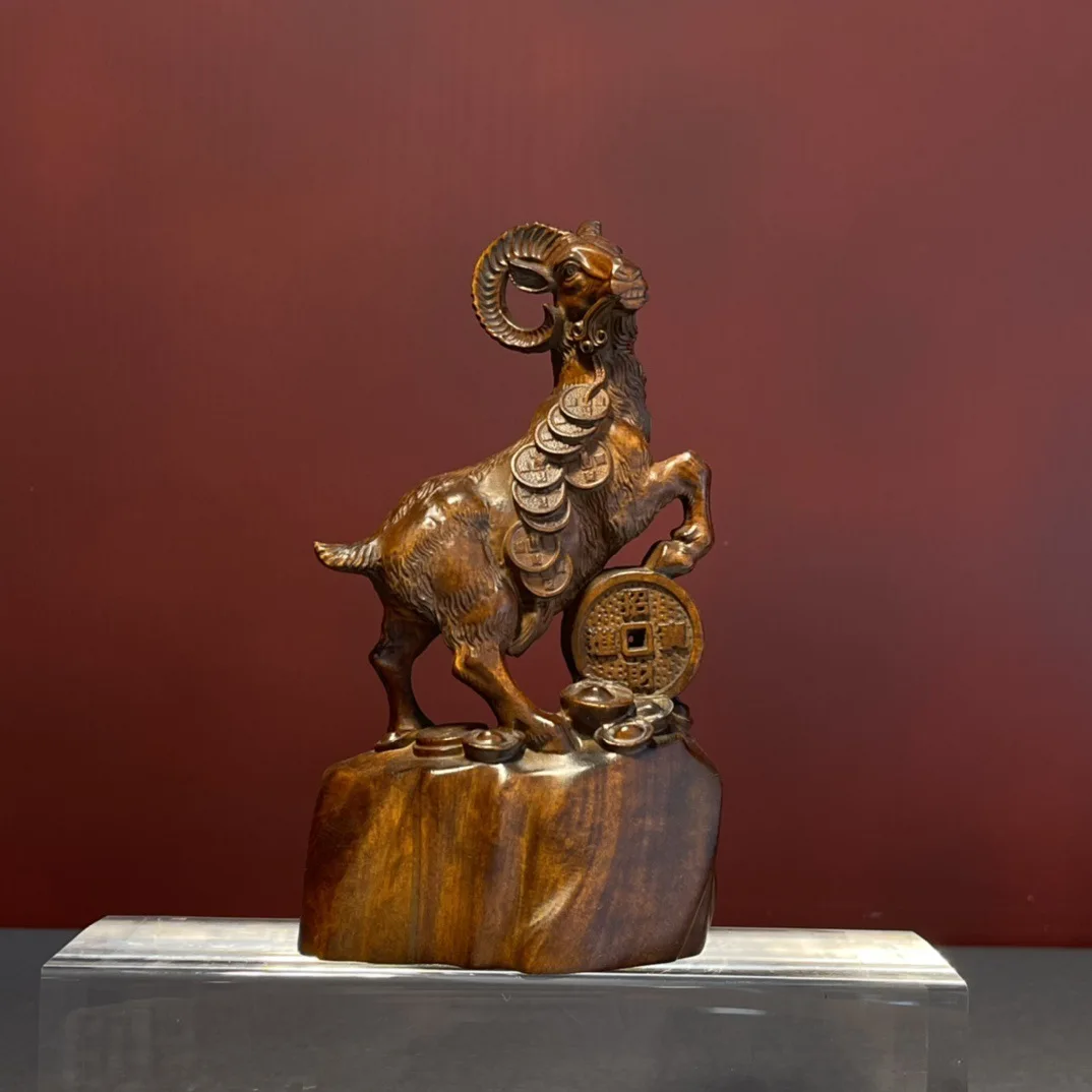 Handmade vintage natural wooden sheep goat figurine ram animal statue Desktop Sculpture Ornament room home decor Gift