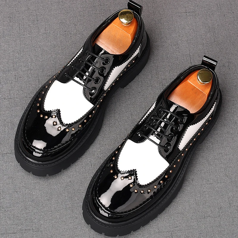 

men fashion stage nightclub patent leather shoes lace-up oxfords shoe designer platform sneakers black stylish cool footwear man