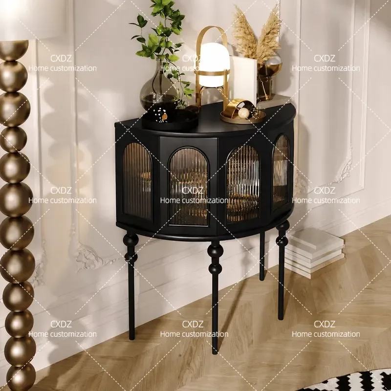 Cream Entrance Cabinet Hallway Console Table Living Room Wall Sideboard with Lamp Solid Wood Semicircular Entryway Storage