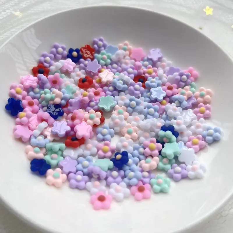 100PCS 8mm Mix Spring Colors Cute Resin New Five-Petal Flower Flat back Cabochon DIY Jewelry/Craft Scrapbook Decoration