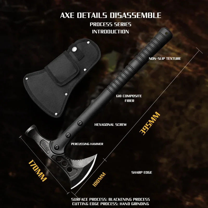 HUANGFU4cr13 Steel Multi functional Battle Axe - Portable Survival Axe for Outdoor Camping, Hunting, and Emergency Situations