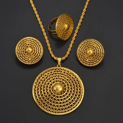 Anniyo Ethiopian Jewelry Sets for Women Round Pendant Necklaces Earrings Ring Gold Color Eritrean Wedding Party  #341306