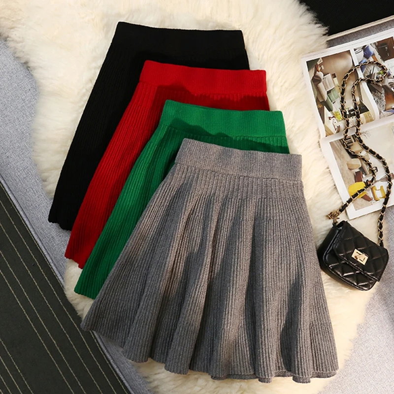 Autumn Winter Knitted Pleated Short Skirt Women Umbrella Tutu Skirt Sexy Elastic High Waist Slim Club Party Mini Skirts