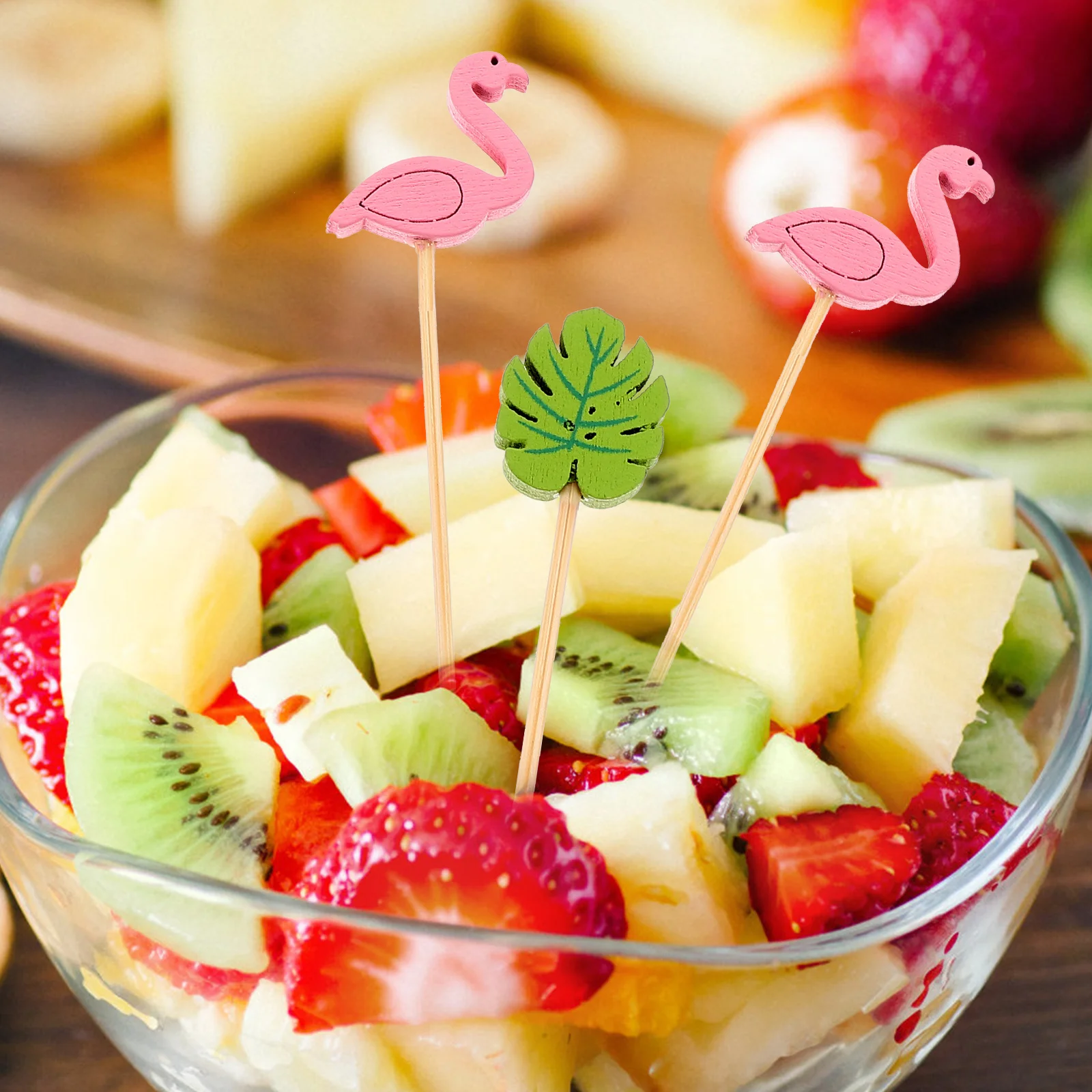 

200Pcs Fruit Toothpicks Bamboo Skewers Wood Disposable Picks for Party Cake Dessert Appetizer Flamingo Leaf Shape