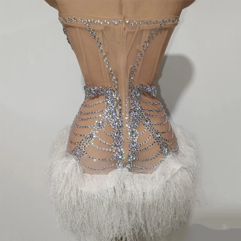 Vrouwen Strass Feestjurk Jazzdans Veren Jurk Zanger Party Prestaties Festival Outfit Podium Vieren Slijtage XS10755