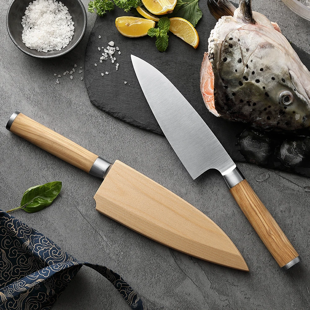 HEZHEN Deba Knife 180mm With Wooden Sheath Olive Wood X8Cr14MoV Forged Steel Kitchen Knives Cut Fish Head Knife Sharp Tools