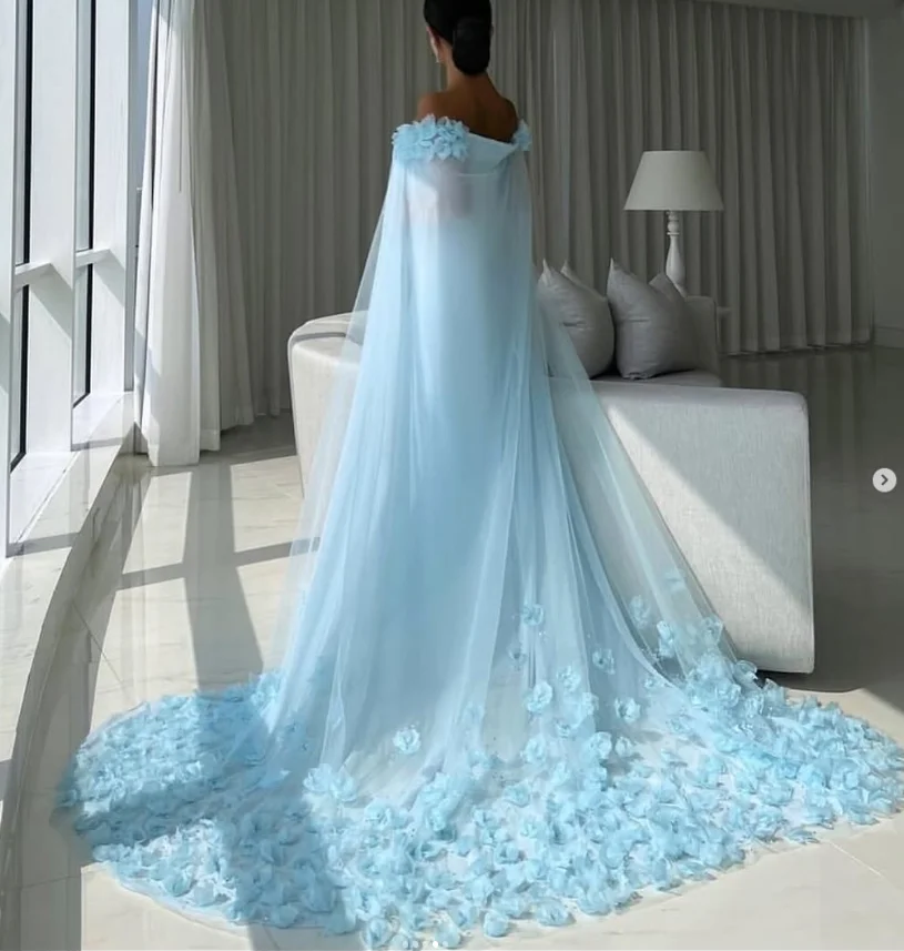 فساتين سهرة رسمية بحورية البحر باللون الأزرق السماوي مع كيب إسلامي عربي ثلاثي الأبعاد مخصصة بدون أكتاف فستان حفلات