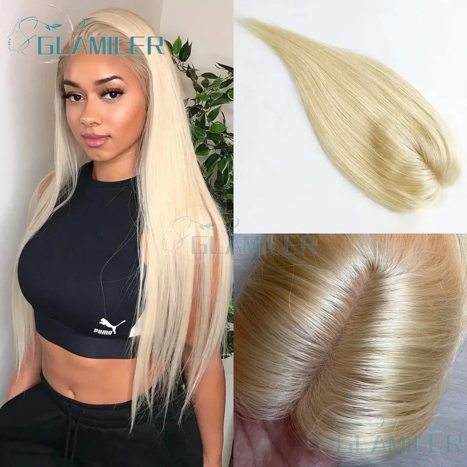 

613 Цвет, шелковистые прямые центральные части, топпер из натуральных волос в европейском стиле, блондинка, шелковая основа, женский топпер, плотность 180%