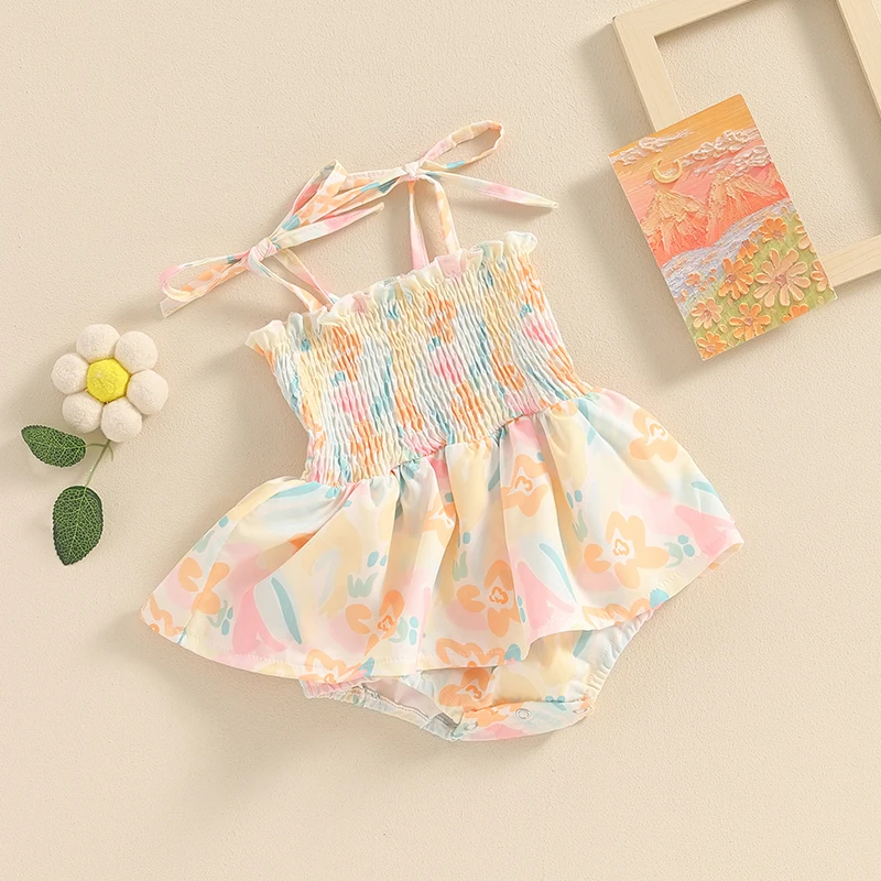 Summer Baby Girls Romper Jumpsuit Newborn Clothes Tie-up Sleeveless Flower Print Bodysuit Dress Infant Toddler Clothing