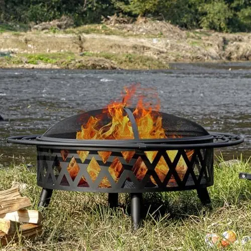 42 Inch Wood Burning Fire Pit with 2 Loops, Outdoor Fire Pit with Spark Sn & Fire Poker, Weave Firt for Outside