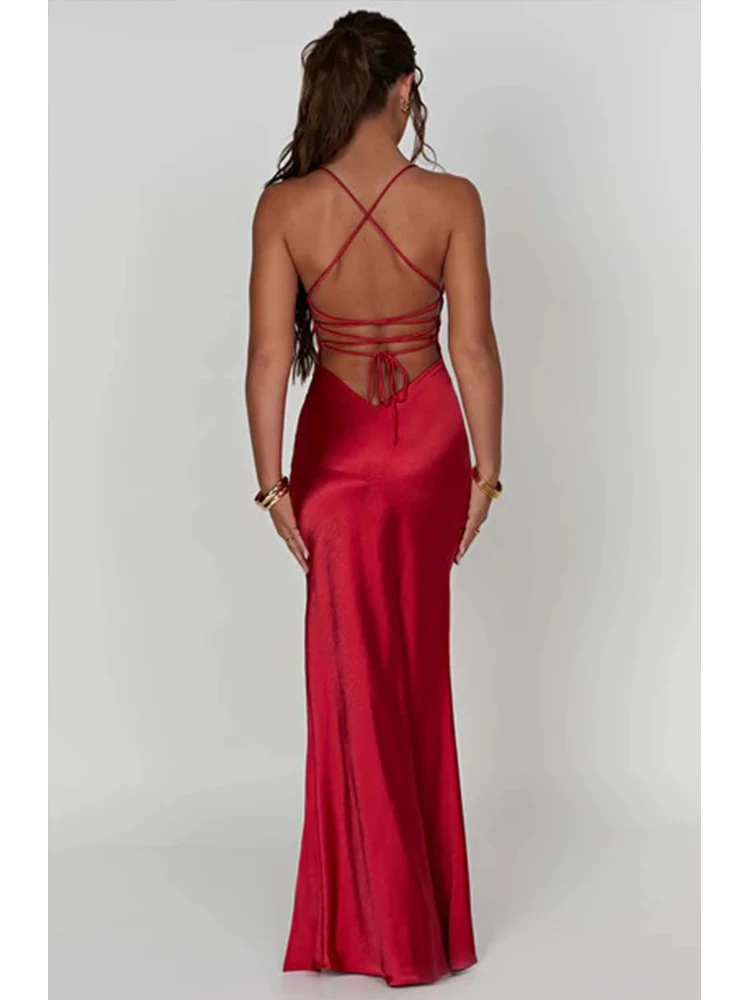 Bandage Backless Elegante Jurk Split Zoom Spaghetti Slanke Cocktail Party Club Mode Satijn Effen Lace-Up Lange Jurken