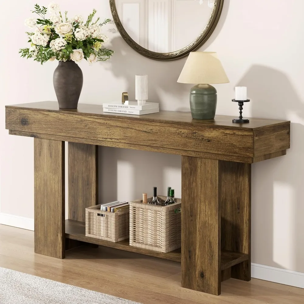

63 Inch Long Console Table for Entryway,Farmhouse 2-Tier Narrow Entryway Table with U-Shaped Base,Wood Sofa Table for Hallway,Fo