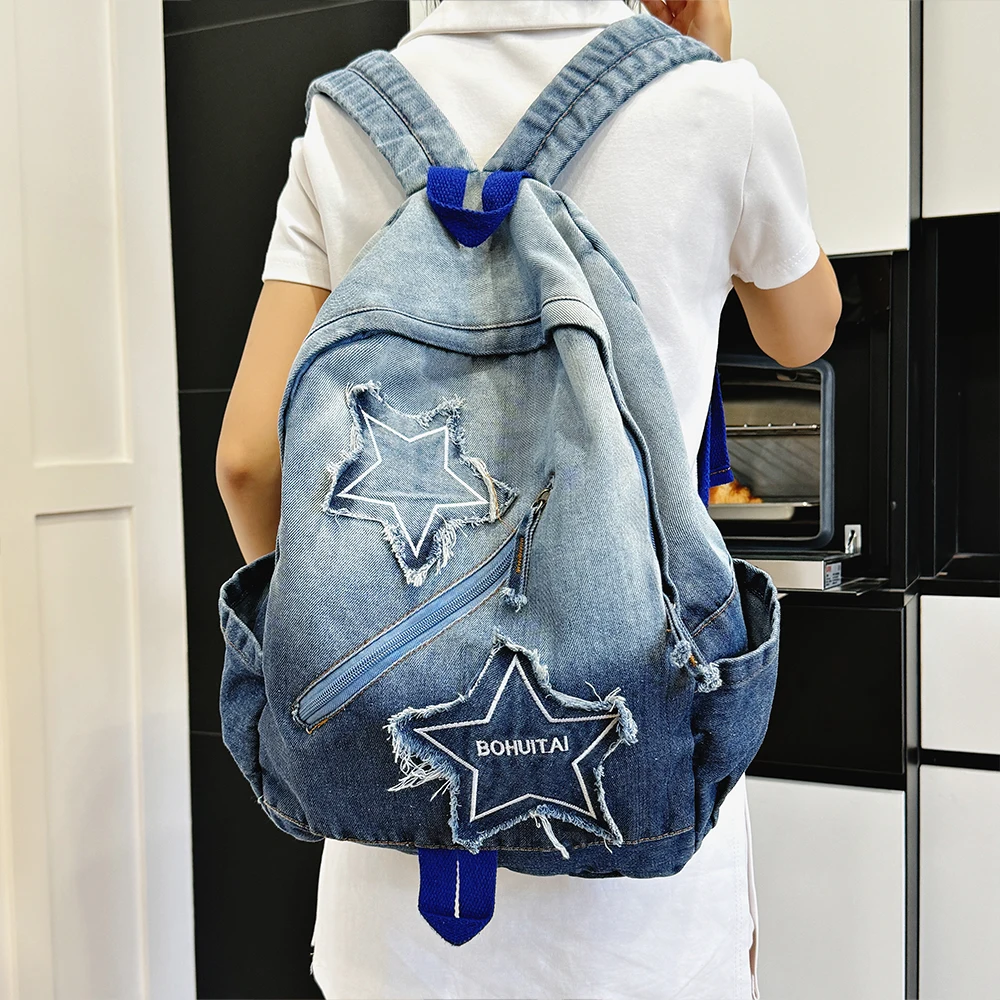 Relaxing Denim Gradient Star Shaped Backpack, College Student Leisure Travel Backpack, Large Capacity Backpack
