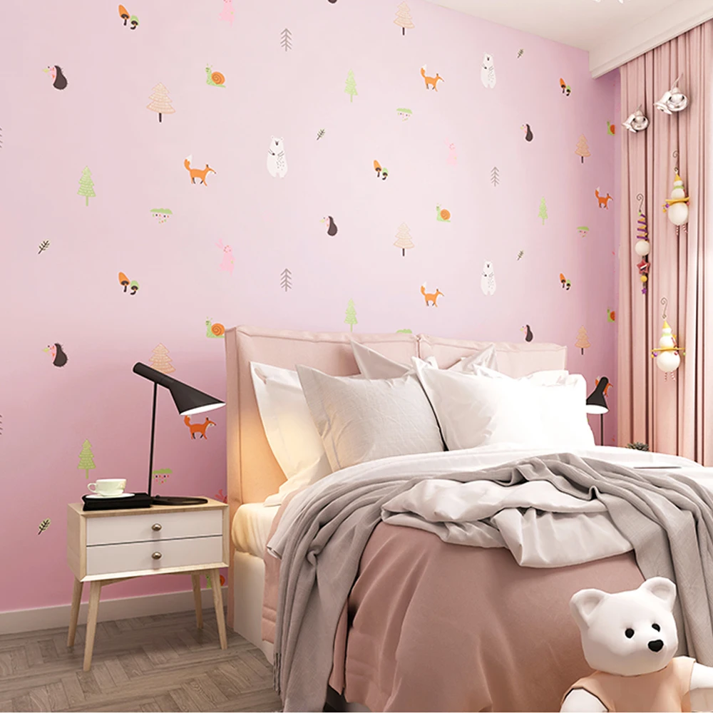 Cartoon Cute Animal World Non-Woven Wallpaper Pink Princess Room Wallpaper Boy Bedroom Girl Children'S Paradise Wall Sticker