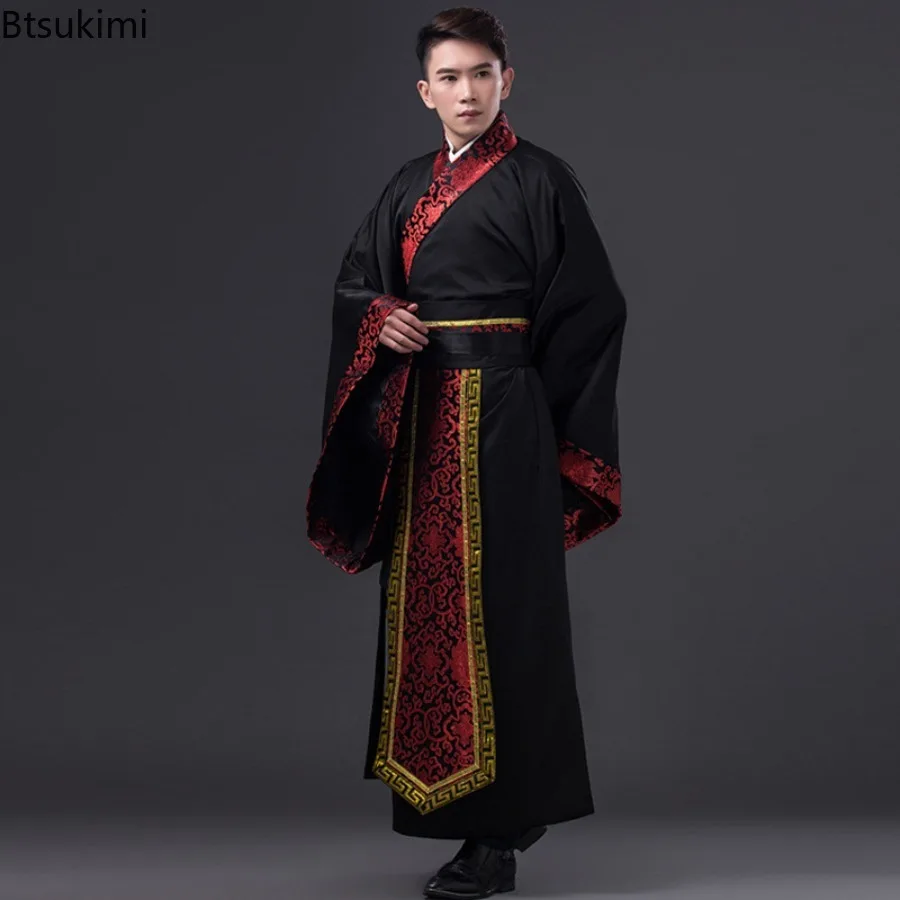Chinese Ancient Costume Black Hanfu Men Tang Dynasty Stage Performance Costume Chinese Traditional Clothing with Belt Plus Size