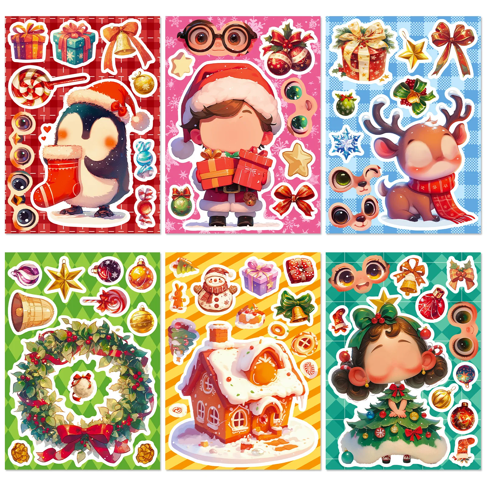6 pieces/set cartoon Christmas face-changing stickers, holiday puzzle stickers, Christmas decoration stickers, puzzle stickers