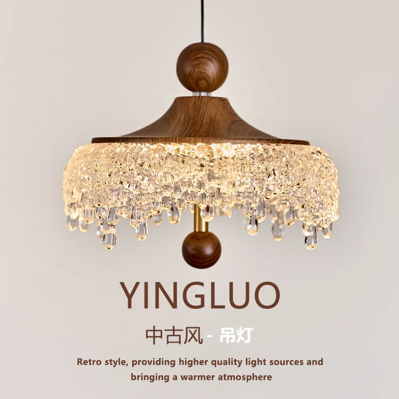Second-hand Lifting Dining Room Chandelier, Iceberg Water Droplet, Retro Walnut Color Aisle Lamp, French Bedside Vintage Style
