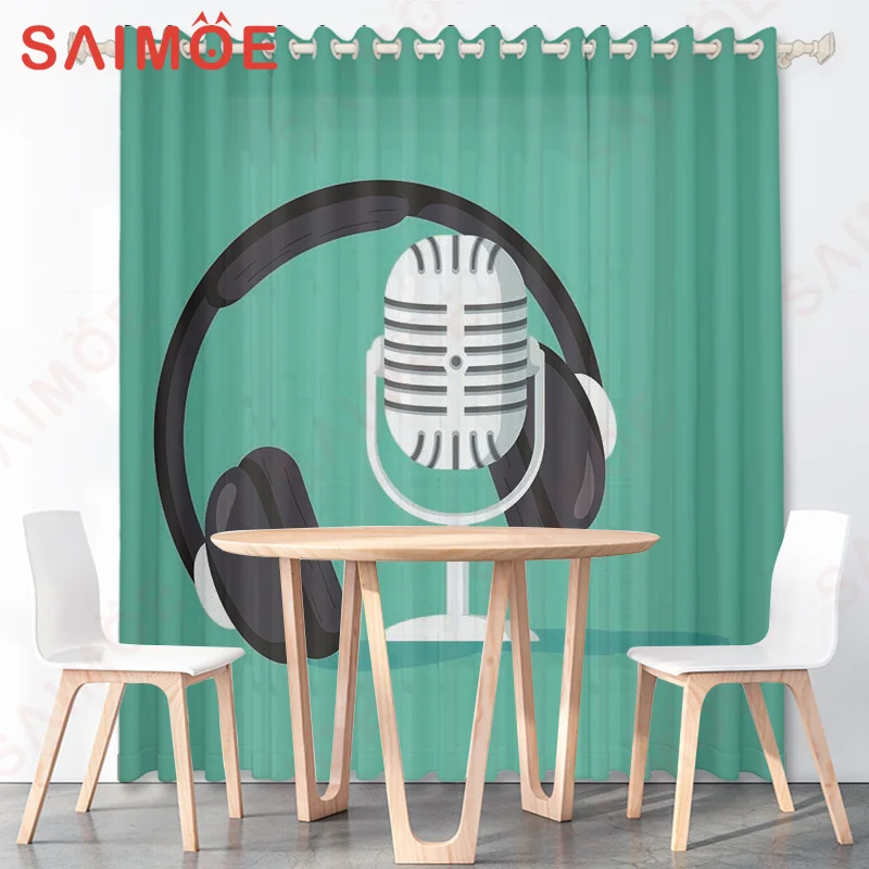 Green Headphones Music Devices Curtains for Living Room Drapes Cortinas for Kids Boy Girl Bedroom Music Art Print Window Decor