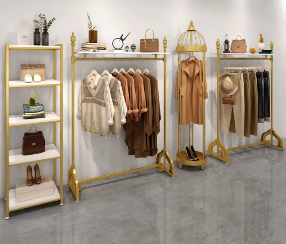 

Gold Floor Standing Shelves Nordic Minimalist High-End Display Rack for Women's Clothing Stores Fashion Boutique Organization