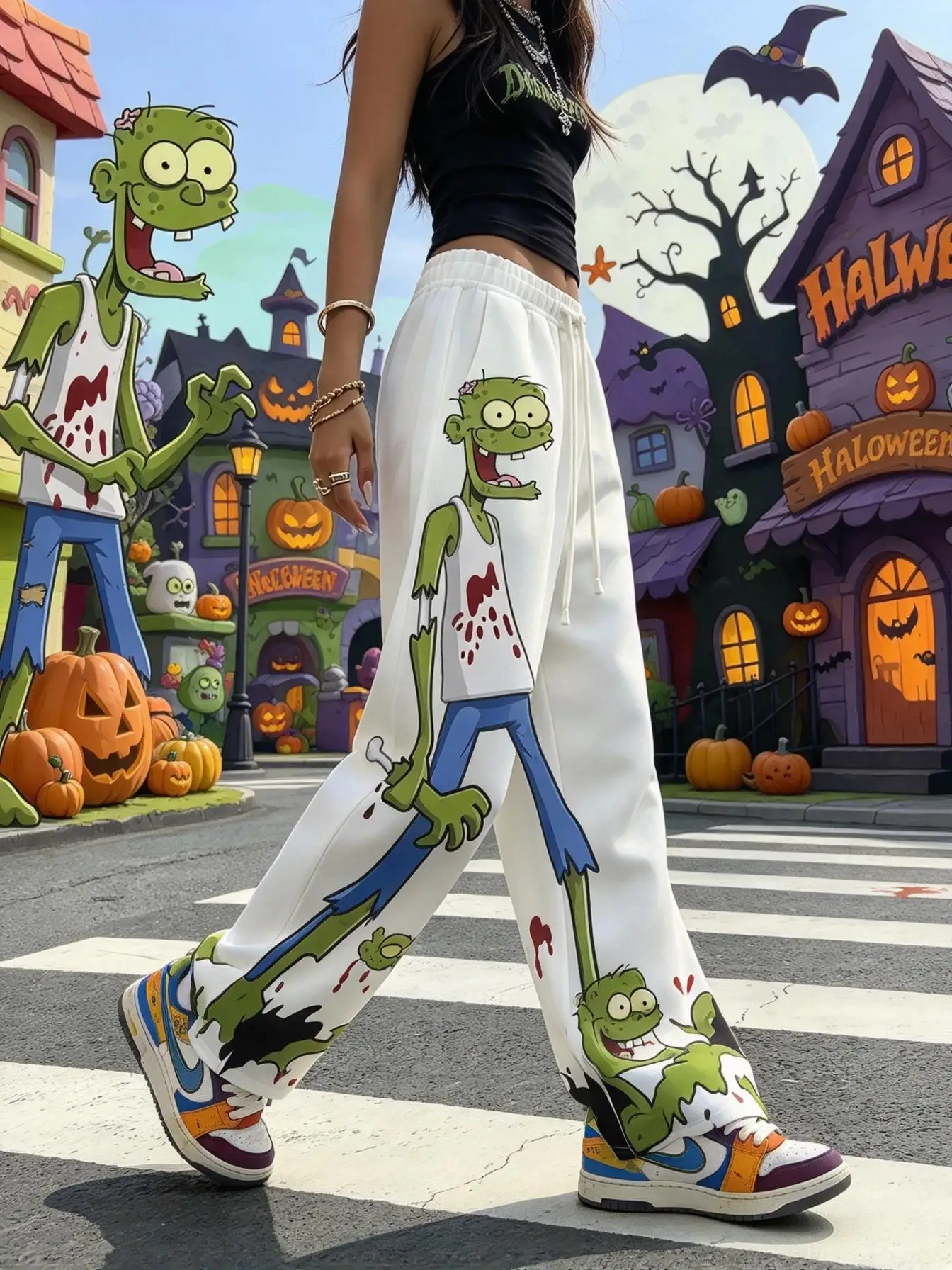Low Waist Drawstring Wide Leg Trousers For Women, Halloween Zombie Witch Cartoon Print Loose Street Sweatpants